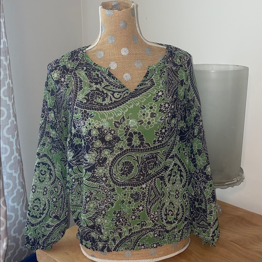 Liz Claiborne Green & Navy Floral Paisley Blouse